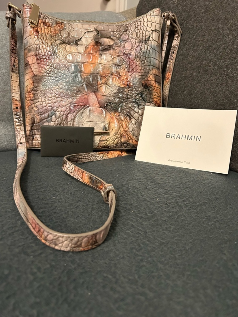 Brahmin Pink Peach Gray Cream Croc-Embossed Crossbody